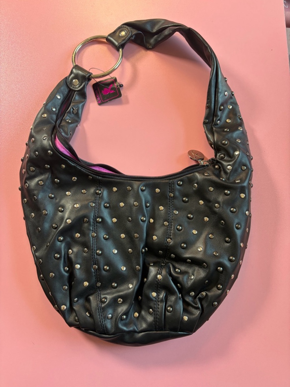 Vintage Y2K Playboy Black Leather Studded Hand Bag/Large - Pink Interior NWTS